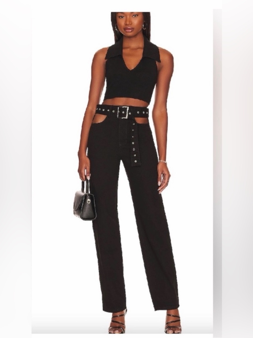 WeWoreWhat High-Waist Cutout Black Jeans with Belt